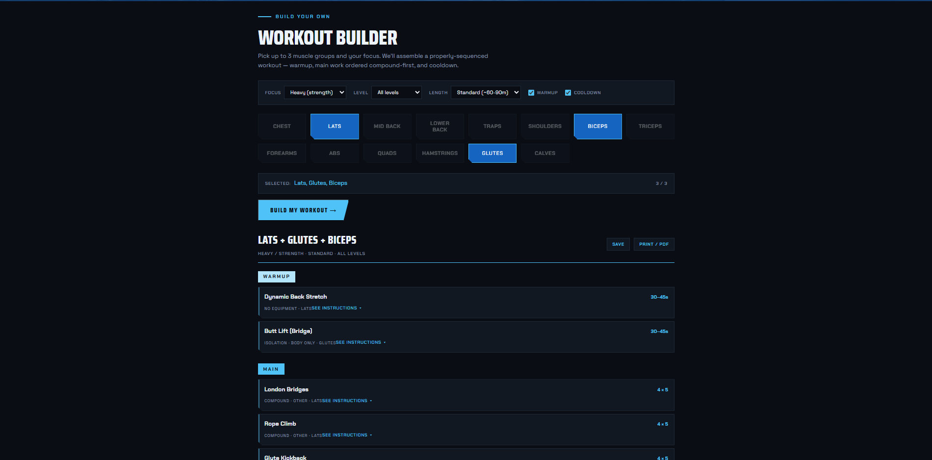 Zenith Movement workout builder: a grid of muscle-group buttons (Lats, Biceps, Glutes highlighted) and a Build My Workout button