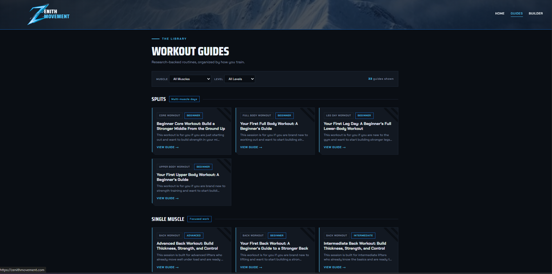 Zenith Movement guides library: workout cards each tagged with a muscle group (Core, Back, Leg) and a level badge (Beginner, Advanced, Intermediate)