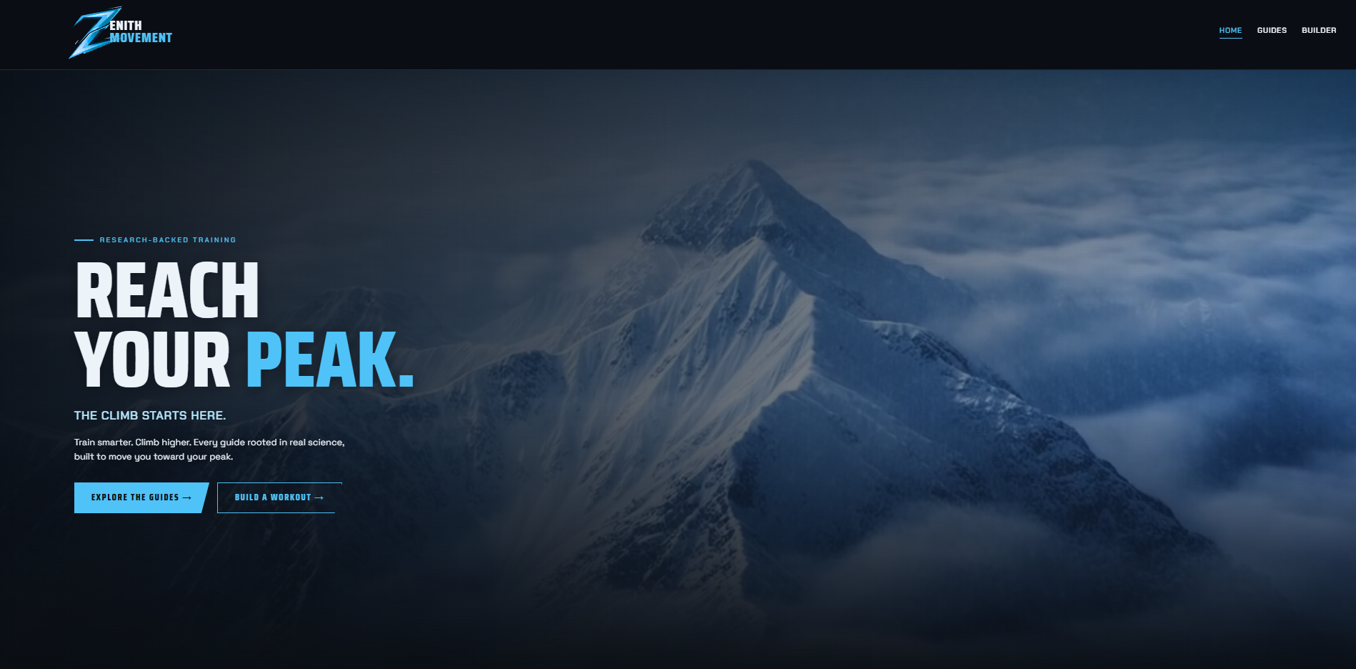Zenith Movement home page: nav bar with Home, Guides, Builder, and two hero buttons — Explore the Guides and Build a Workout